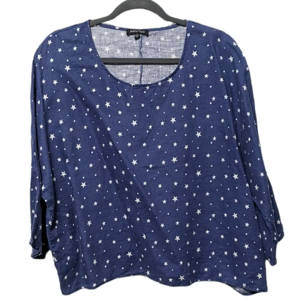 ATHENA MARIE Linen Star Print Boxy Top M - Picture 7 of 7